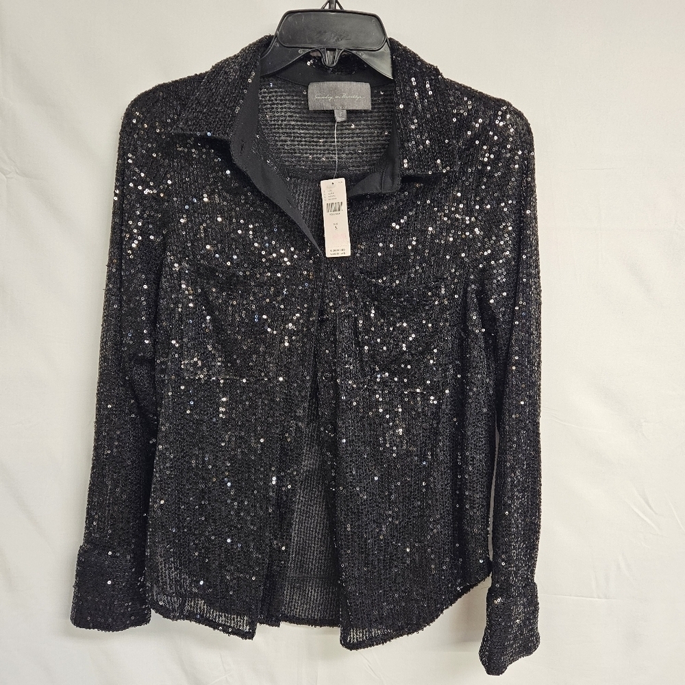 Anthropologie Top S SUNDAY IN BROOKLYN Black SEQUIN BUTTONDOWN Lined Blouse NWT